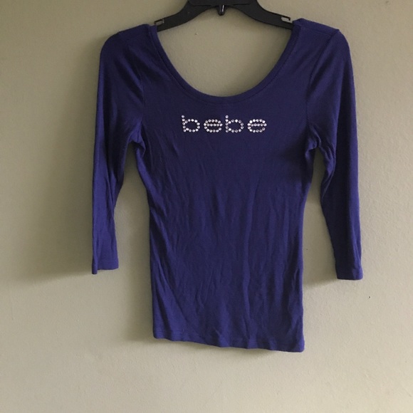 Bebe Women Blue Ribbed Crystal Logo Top Sz Small - Picture 1 of 6